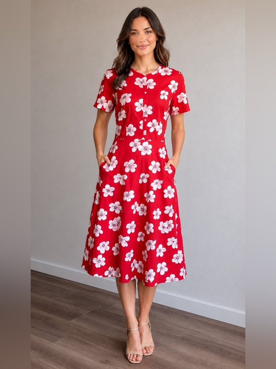 J. Crew Dresses & Skirts - NWT J.Crew Red Floral Fit & Flare Midi Dress with Pockets Size 8